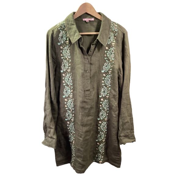 CALYPSO St Barth NWOT Olive Linen Blue Embroidery Long Sleeve Shirt Midi Dress L - Picture 1 of 6